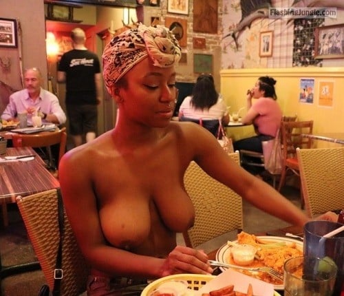 Public Nudity Pics Public Flashing Pics Boobs Flash Pics  : Topless girl big ebony tits at restaurant