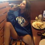 Pantyless cheerleader Riley Reid drink beer in restaurant