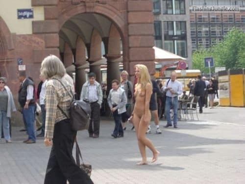 Public Nudity Pics  : : Leipzig Germany: Naked blonde walking down pedestrian zone