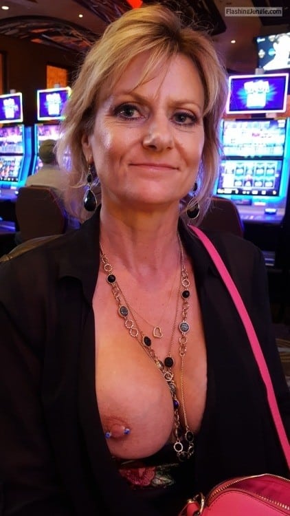 Bitch Flashing Pics: Nipple piercing show off casino