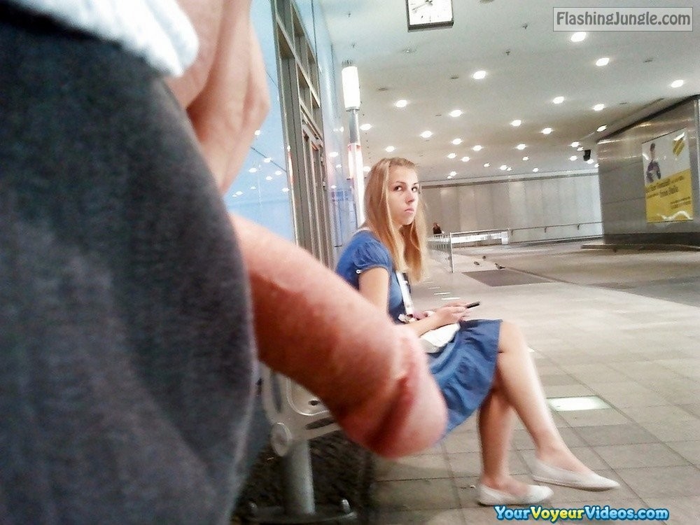 Dick Flash Pics  : Semi limp cock flash for confused blonde