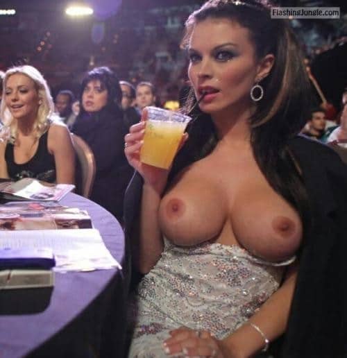 Public Flashing Pics Hotwife Pics Boobs Flash Pics Bitch Flashing Pics  : Luxury brunette drinking cocktail and flashing perfect round breasts