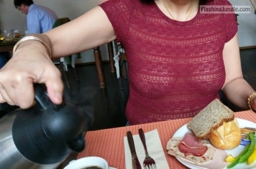 Public Flashing Pics Boobs Flash Pics  : No bra see through t shirt: enjoy hotel breakfast !