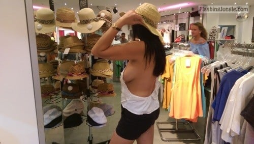 Voyeur Pics Flashing Store Pics Boobs Flash Pics  : No bra sideboob Mimi trying on new hat
