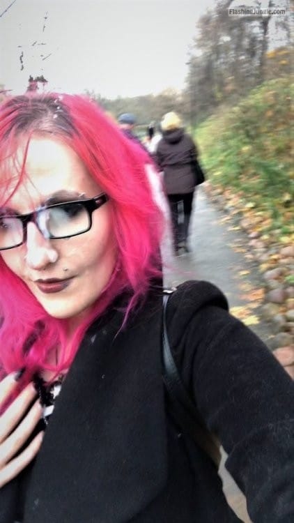 Bitch Flashing Pics  : Nerdy redhead cum on glasses in public park