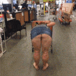 Shopping in Denim mini skirt love bending over