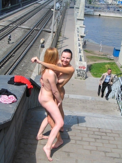 asian girl flashing outdoors - girls naked outdoors Hugging on rail bridge - Public Nudity Pics