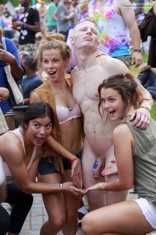 Dick Flash Pics  : cfnm beach girls seeing the biggest dicks of their lives nude cock street touch selfie Three college girls happy to see big loose penis in public