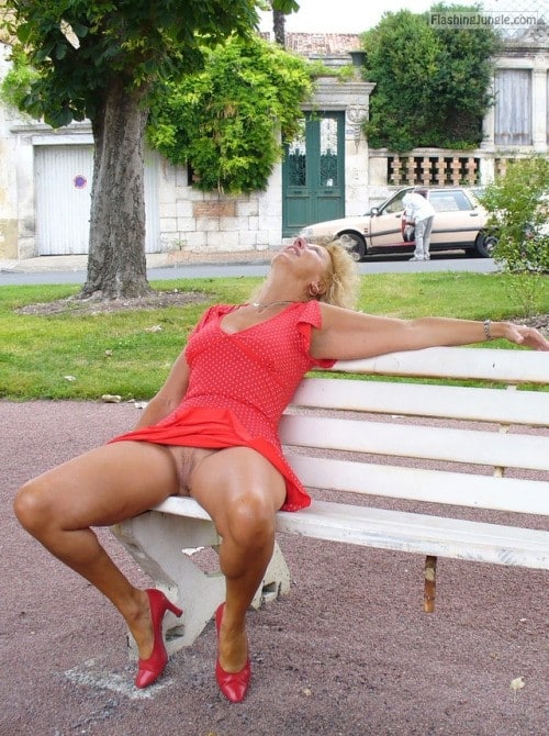Upskirt Pics Pussy Flash Pics Public Flashing Pics No Panties Pics MILF Flashing Pics Mature Flashing Pics Bitch Flashing Pics  : Pantyless cougar in red dress and heels on park bench
