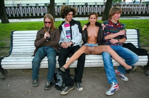 upskirt naked girls pics - Naked girl flashing for shy teenagers on park bench - Boobs Flash Pics