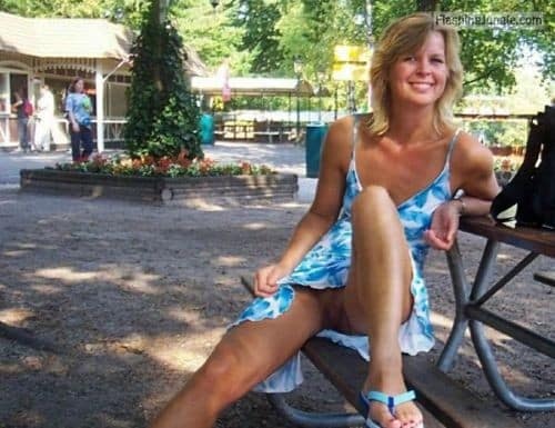 Upskirt Pics Pussy Flash Pics Public Flashing Pics No Panties Pics MILF Flashing Pics  : Pantyless wife in blue dress: memory from vacation