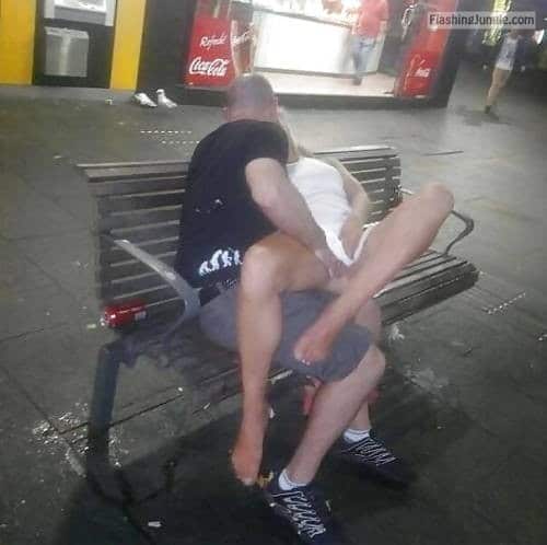 Voyeur Pics Public Sex Pics Hotwife Pics  : Stranger is touching pantyless hotwife on bench
