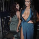Side boob slip exotic brunette in blue evening dress