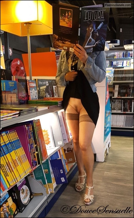 uganda porn hairy picture - Pantyless at book store: stockings and hairy cunt - Flashing Store Pics