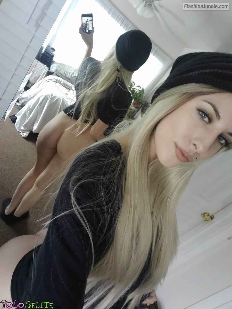 Bottomless blonde with cap: mirror ass selfie teen no panties ass flash