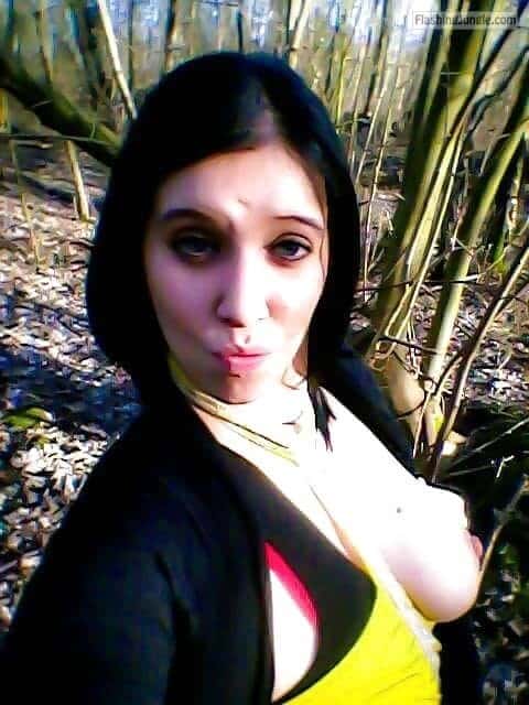 One boob out selfie deep in forest boobs flash