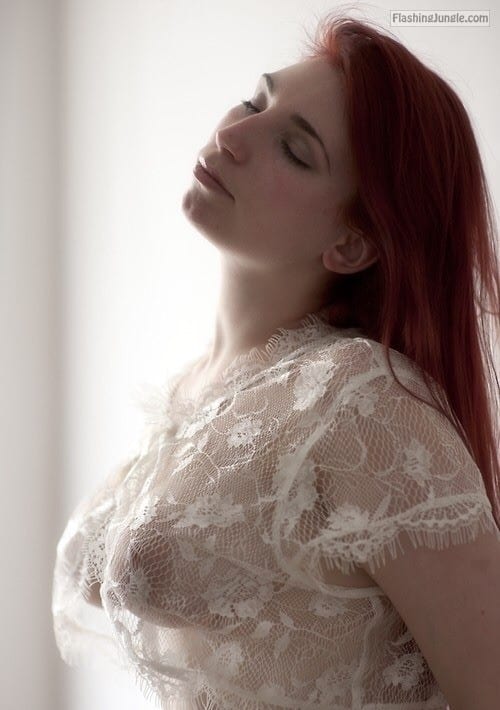 Boobs Flash Pics  : Redhead wife in lacy shirt puffy perfect titties