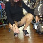 Pantieless in shoes store: Flashing butterfly tattoo on pubic area