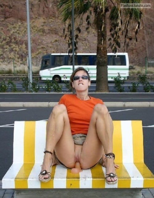 public dildo - Bitch in orange t shirt sitting on dildo next to public road - Bitch Flashing Pics