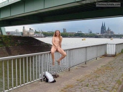 bikini bridge tunnel - Sitting on fence under the bridge - Public Nudity Pics