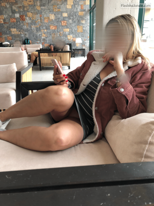No Panties Pics  : hornywifealways: This is how I wait at the hotel lobby