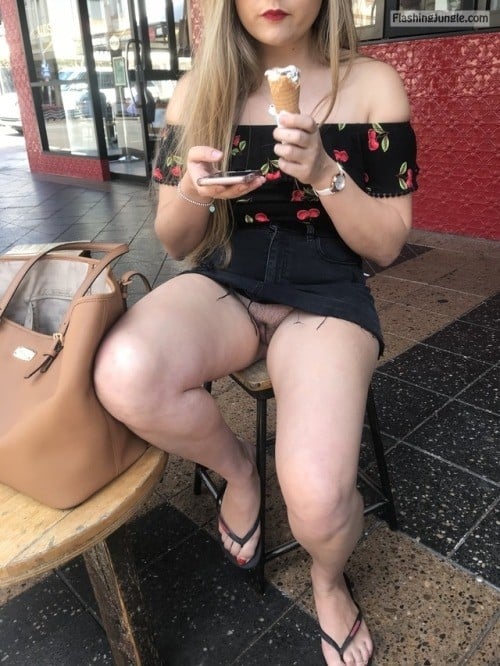 No Panties Pics  : sydneysownlittleslut: Legs spread at the gelato shop! She wants…