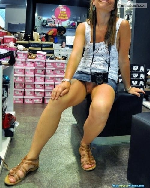 Public Flashing Pics  : carelessinpublic:Inside a shop in a short skirt and showing her…