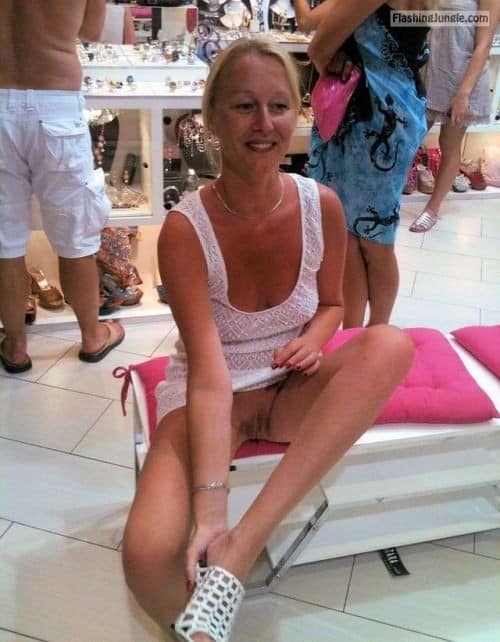 Public Flashing Pics  : carelessinpublic:Mature lady inside a shop in a short dress and…