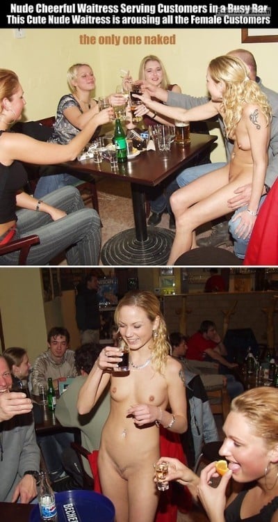 Public Flashing Pics  : cfnf-clothed-female-naked-female: Nude Cheerful Waitress Serving…