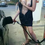 Filling tank and flashing big boobs on gas station