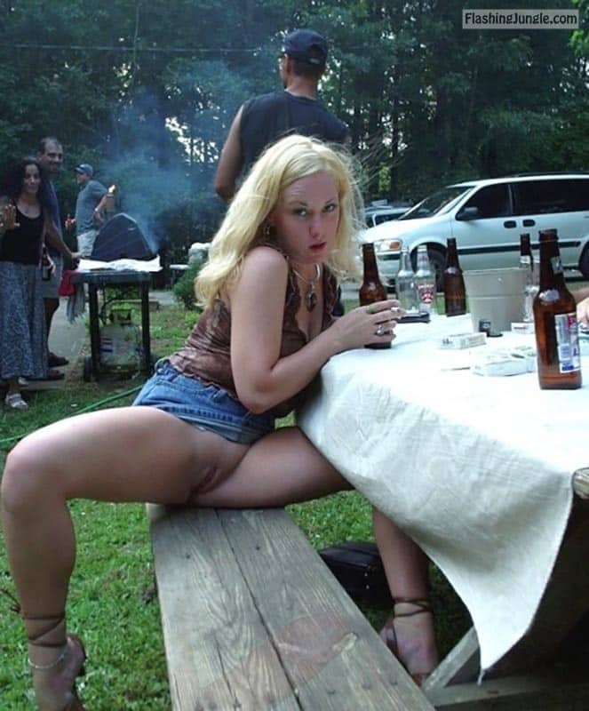 Upskirt Pics Pussy Flash Pics Public Flashing Pics No Panties Pics  : Wild blonde slut flashes her coochie while drinking beer