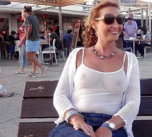 Public Flashing Pics MILF Flashing Pics Hotwife Pics Boobs Flash Pics  : White transparent tank top reveals nicely rounded middle aged boobs