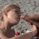 Teen is getting big facial cumshot on the beach