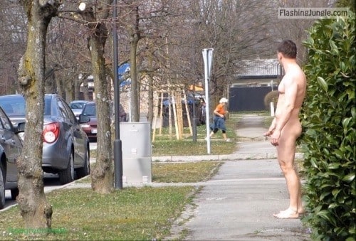 Dick Flash Pics  : Naked guy masturbating on sidewalk