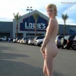 Slender blond wife fully nude at Lowe’s parking