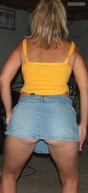 No Panties Pics: Ultra short denim dress yellow tank top and blonde slut MILF