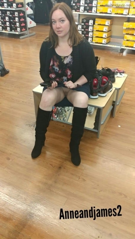 No Panties Pics: Pantyless at shoe store wife is looking at hubby and flashes cunt