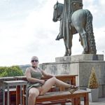 Flashing cunt next to monument Short haired blond slut with sunglasses and neckband