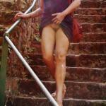 Pantyless downstairs flashing shaved cunt in public !