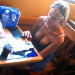 Sexy blonde big tits downbouse at restaurant