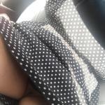 Still skirt, no panties and bare legs while driving car