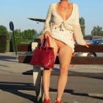 Blond MILF no panties under white clothes – Reed heels and red handbag…