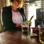 Voyeur caught nipple under white blouse of sexy cougar in pub while texting