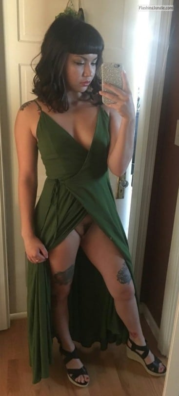 prom dress selfie upskirt nipslip - Bottomless Mexican wife in green evening dress selfie - Pussy Flash Pics