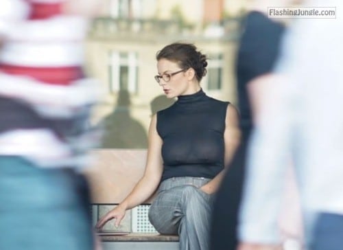 Public Flashing Pics  : Big tits under see through blouse – Girl with nerdy glasses