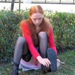 Bottomless ginger exposed pussy while changing shoes in park