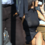 Luxury wife nipples under black dress while drinking coffee