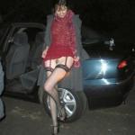 Italian wife Dogging – hairy pussy, stockings and heels under red lace dress