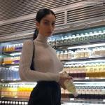 Skinny Italian girl big tits and no bra under white turtleneck