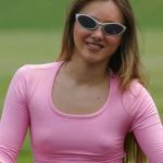 Tiny tits and nipples visible under pink blouse